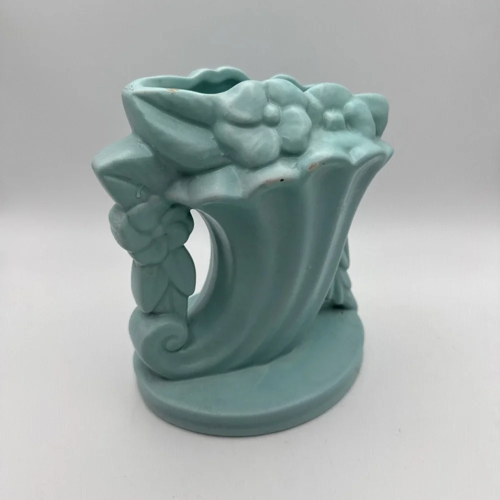 Vtg Haeger Vase Turquoise Aqua Art‎ Pottery Matte Pansy Flower Cornucopia READ